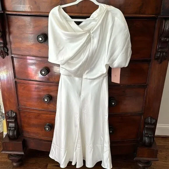 Amsale Draped Lustrous Satin One-Shoulder Midi-Dress In Color Ivory Size 6
